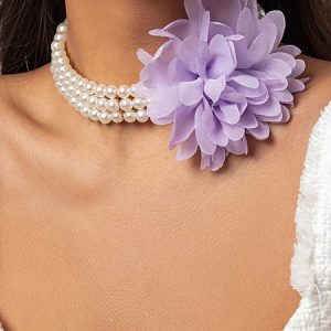 Elegant 3D Floral Pearl Beaded Layered Necklace Party Wedding Women Jewelry, Necklaces, color:Purple|size:One-size, JustFashionNow