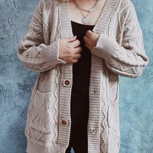 Women Yarn/Wool Yarn Plain Long Sleeve Comfy Casual Cardigan, Cardigans, color:Khaki|size:XL, Noracora