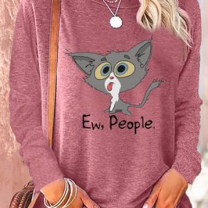 Women's Ew People Funny Cat Casual Crew Neck Letters Shirt, color:Pink|size:3XL, Lilicloth.com
