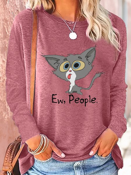 Women's Ew People Funny Cat Casual Crew Neck Letters Shirt, Long sleeves, Lilicloth.com