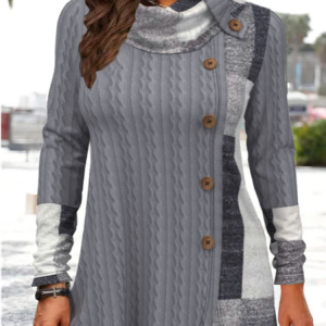 Geometric Print Decorative Button Turndown Collar Sweatshirt, Sweatshirts & Hoodies, color:Gray|size:XXL, JustFashionNow