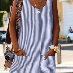 Plus Size Loose Striped Casual Dress With No, Dresses, color:Blue|size:4X, JustFashionNow
