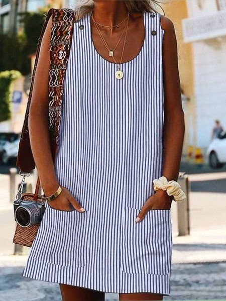 Plus Size Loose Striped Casual Dress With No, Dresses, color:Blue|size:4X, JustFashionNow