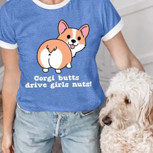 Lilicloth X Funnpaw Women's Corgi Butts Drive Girls Nuts Regular Fit Crew Neck T-Shirt, color:Blue|size:L, Lilicloth.com