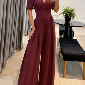 Puffed Sleeves High Waist Wide Leg Dressy Prom Jumpsuit, Jumpsuits＆Rompers, color:Wine Red|size:XXL, JustFashionNow