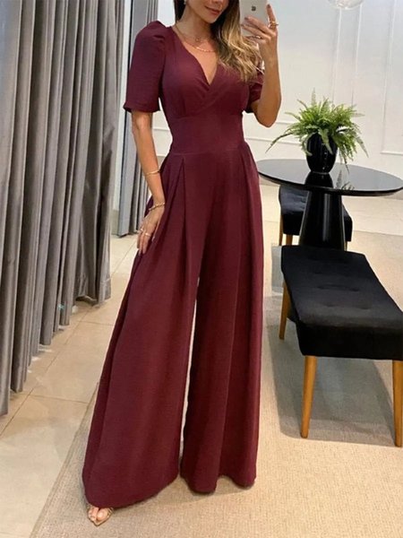 Puffed Sleeves High Waist Wide Leg Dressy Prom Jumpsuit, Jumpsuits&Rompers, color:Wine Red|size:XXL, JustFashionNow