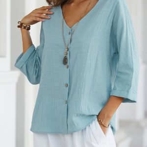 V Neck Cotton-Blend Linen Plain Blouse, Shirts & Blouses, color:Green|size:XXL, JustFashionNow