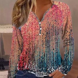 Gradient Pattern Loose V Neck Casual T-Shirt, T-Shirts, color:Dark Pink|size:XXL, JustFashionNow