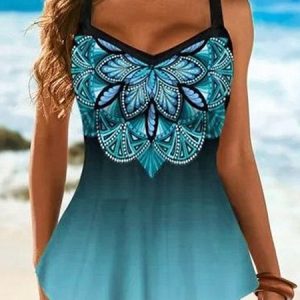 Vacation Abstract Printing V Neck Swim Dress, swimwear>>Tankinis, color:Lake Blue|size:3XL, JustFashionNow