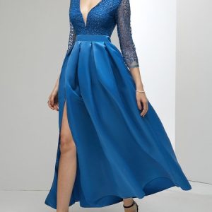 V Neck Plain Elegant Wedding Guest Dress, Maxi Dresses, color:Blue|size:5XL, Stylewe