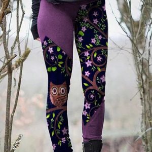 Color Block Bird Casual Regular Fit Leggings, Leggings, color:Purple|size:XXL, JustFashionNow