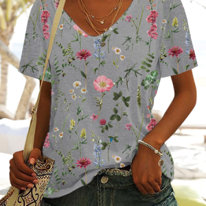 V Neck Floral Vacation T-Shirt, T-Shirts, color:Gray|size:XXL, JustFashionNow