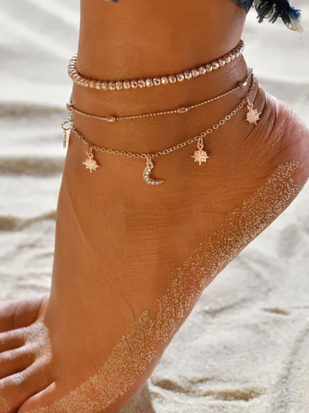 Multi layered beaded star moon pendant anklet, Anklets, color:Golden, JustFashionNow