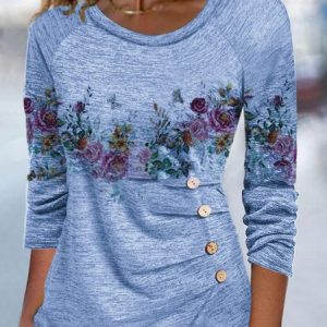 Casual Floral Crew Neck T-Shirt, T-Shirts, color:Blue|size:3XL, JustFashionNow