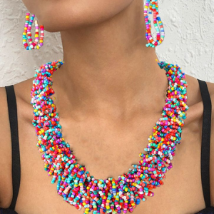 European and American Bohemian Ethnic Style Colorful Twine Necklace Earrings Set, Necklace, color:Multicolor|size:One-size, Noracora