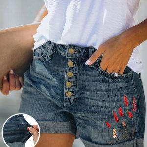Women's Floral Stretch Jeans Stretchy Folded Hem Hot Short Jeans, color:Blue|size:3XL, Lilicloth.com