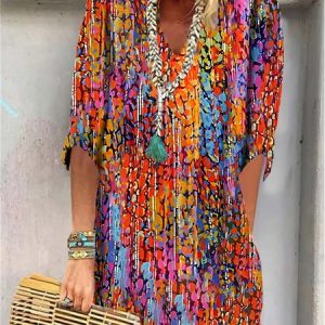 Gradient Pattern Casual V Neck Loose Dress, Dresses, color:Red|size:XXL, JustFashionNow