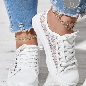 Casual Breathable Hollow out Lace Canvas Shoes, Sneakers&Athletic, color:White|size:43, Noracora