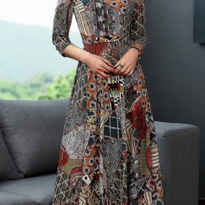 Women Abstract V Neck Three Quarter Sleeve Comfy Casual Pocket Stitching Maxi Dress, Dresses, color:Multicolor|size:4XL, Noracora