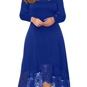 Lace Long Sleeve Crew Neck Plain Party Dress, DRESSES, color:Blue|size:5XL, Noracora