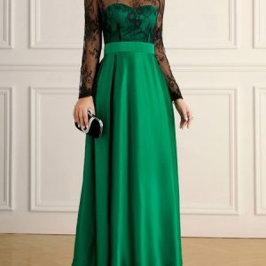 Regular Fit Elegant Floral Lace  Dress, Maxi Dresses, color:Green|size:XXL, Stylewe