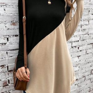 Casual Color Block Crew Neck Long Sleeve T-shirt, T-shirts, color:Khaki|size:XXL, Noracora