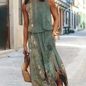 Women Crew Neck Casual Ethnic Loose Sleeveless Maxi Dress, Maxi, color:Green|size:XXL, Noracora