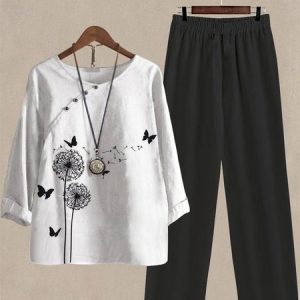 Dandelion Casual Crew Neck Cotton And Linen Two-Piece Set, Suit Set, color:White|size:XXL, JustFashionNow