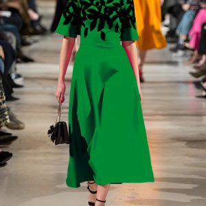 Crew Neck Plants Urban Regular Fit Midi Dress, Midi Dresses, color:Green|size:XXL, Stylewe