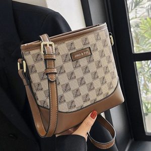 Retro Classic Presbyopia Pattern Leather Stitching Commuter Crossbody Bag, Women's Bags, color:Khaki|size:One-size, JustFashionNow