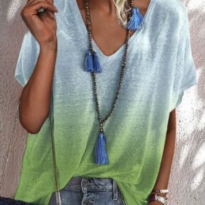 Ombre Short Sleeve V Neck Casual Top, T-shirts, color:Cyan|size:XS, Noracora