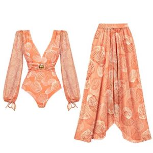 Vacation Abstract Printing V neck One Piece With Cover Up, Swimsuit with Coverups, color:Orange|size:S, Stylewe