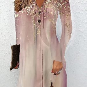 V Neck Gradient Pattern Loose Casual Dress, Dresses, color:Pink|size:XXL, JustFashionNow