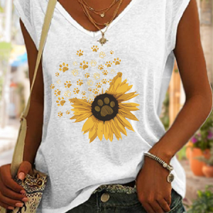 Women's Cute Dog Cotton-Blend Simple Sunflower V Neck Tank Top, color:White|size:3XL, Lilicloth.com