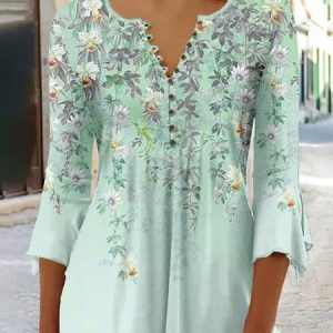 Floral Buckle Casual Three Quarter Loose Shirt, Shirts & Blouses, color:Green|size:XXL, JustFashionNow