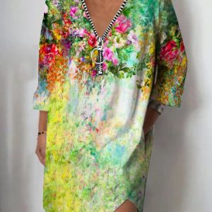 V Neck Boho 3/4 Sleeve Shift Dress, Short, color:Green|size:3XL, Noracora