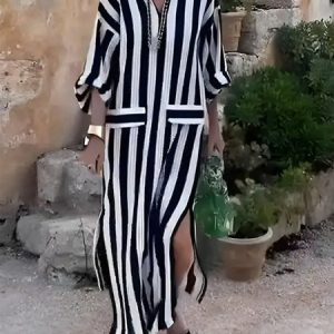V Neck Casual Striped Dress, Dresses, color:Black|size:XXL, JustFashionNow