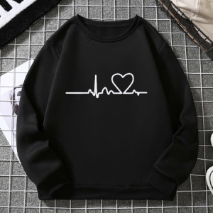 Casual Crew Neck Heart/Cordate Sweatshirt, Hoodies & Sweatshirts, color:Black|size:3XL, Noracora