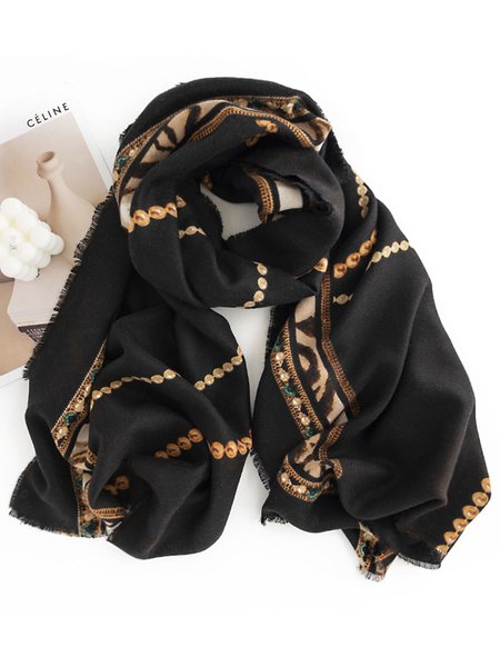 Pearl Jewelry Print Black Fringe Scarf Shawl, Scarves, color:Black|size:One-size, Stylewe