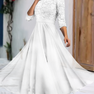 Wedding party Lace Chiffon zip seven Sleeve midi Prom Dress, Formal Dresses, color:White|size:XXL, JustFashionNow