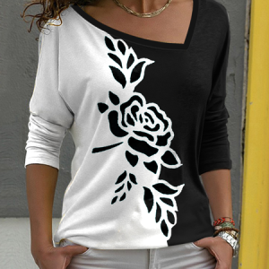JFN Asymmetrical Neck Floral Rose Color Block Casual Long Sleeve Top T-shirt/Tee, T-Shirts, color:Multicolor|size:XXL, JustFashionNow