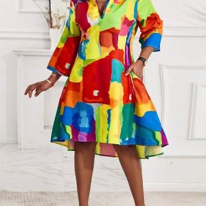 Abstract Graphic Shirt Collar Urban Loose Dress, Midi Dresses, color:Multicolor|size:XXL, Stylewe