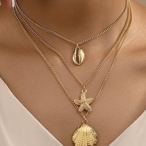 Vacation Gold Starfish Shell Layered Necklace Boho Beach Women's Jewelry, Necklaces, color:Golden|size:One-size, Stylewe
