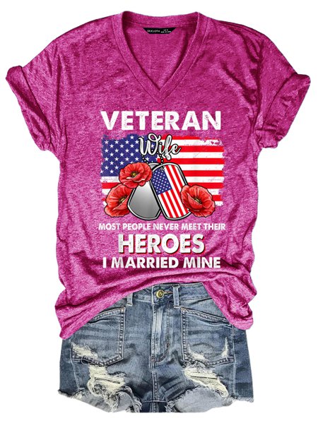 Veteran wife some people never meet their heroes veteran day Regular Fit Letter Cotton Blends Short Sleeve T-Shirt, T-shirts, Lilicloth.com