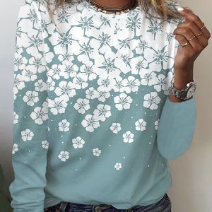 Loose Floral Casual Crew Neck T-Shirt, T-Shirts, color:White-green|size:XXL, JustFashionNow