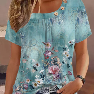 Floral Asymmetrical Casual T-Shirt, T-Shirts, color:Blue|size:XXL, JustFashionNow
