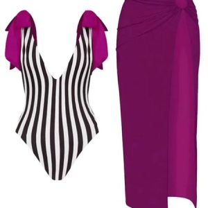 Casual Striped Printing One Piece With Cover Up, Coverups, color:Rose Red|size:XXL, Stylewe