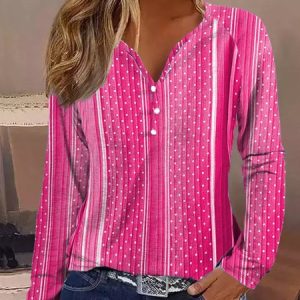 V Neck Geometric Loose Casual T-Shirt, Long sleeves, Lilicloth.com