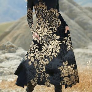 Crew Neck Ethnic Dress, Dresses, color:Black|size:XXL, JustFashionNow