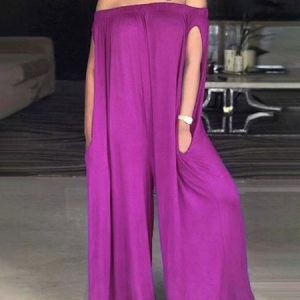 Loose Cold Shoulder Casual Plain Jumpsuit, Jumpsuits, color:Purple|size:XXL, Stylewe